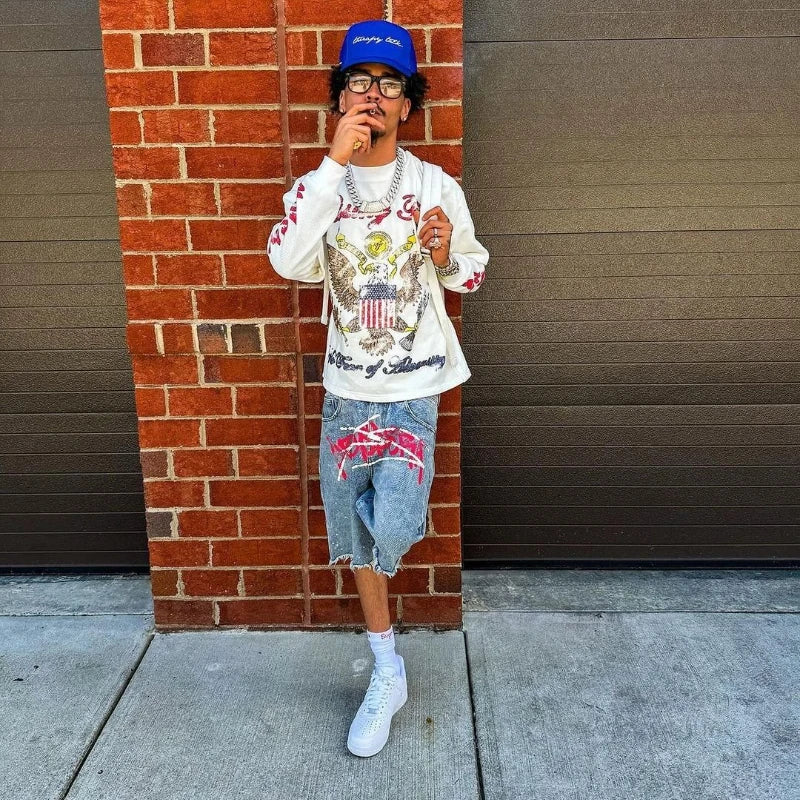 Y2K Graffiti Jorts Rhinestone Distressed Printed Denim Shorts Men Women Trend Retro Hip Hop Streetwear Unisex Baggy Short Pants