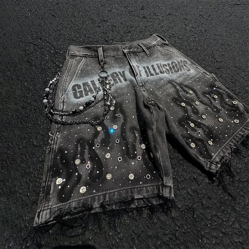 Y2K Fashion Distressed Jeans Retro Rhinestone Flame Pattern Printing Casual Washed Denim Shorts Men Women High Waist Streetwear
