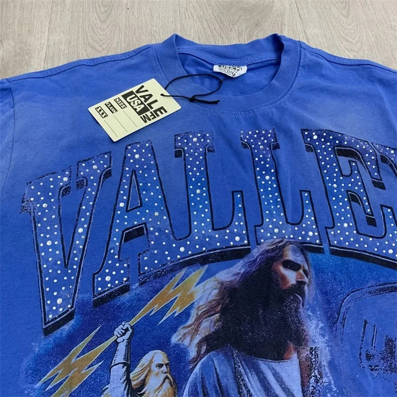Vintage VALLEY Hot Drill Letter Short Sleeve Pure Cotton Vale Mens T-Shirts
