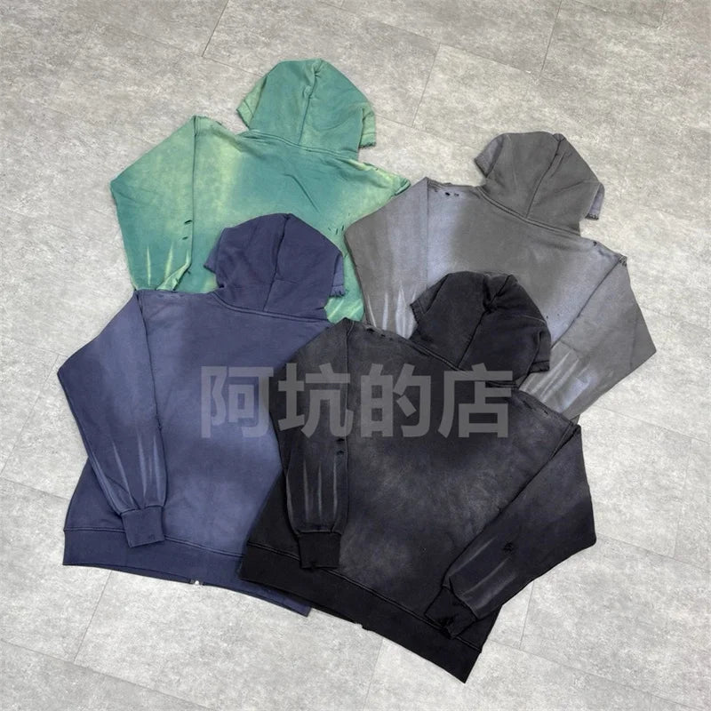 Black Washed SAINT Mxxxxxx Zipper Jackets Men Women Destroy Hole Oversized Vintage Hoodies