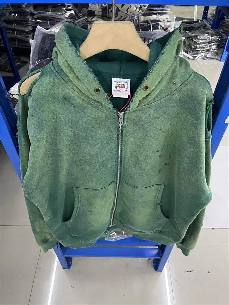 Black Washed SAINT Mxxxxxx Zipper Jackets Men Women Destroy Hole Oversized Vintage Hoodies