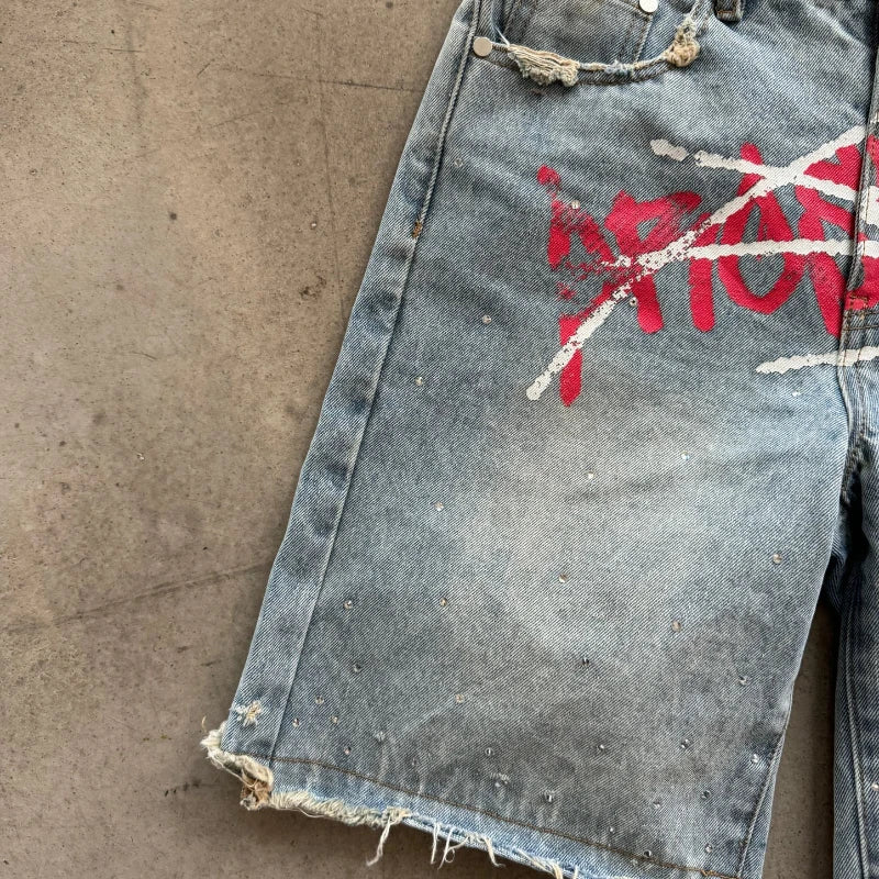 Y2K Graffiti Jorts Rhinestone Distressed Printed Denim Shorts Men Women Trend Retro Hip Hop Streetwear Unisex Baggy Short Pants