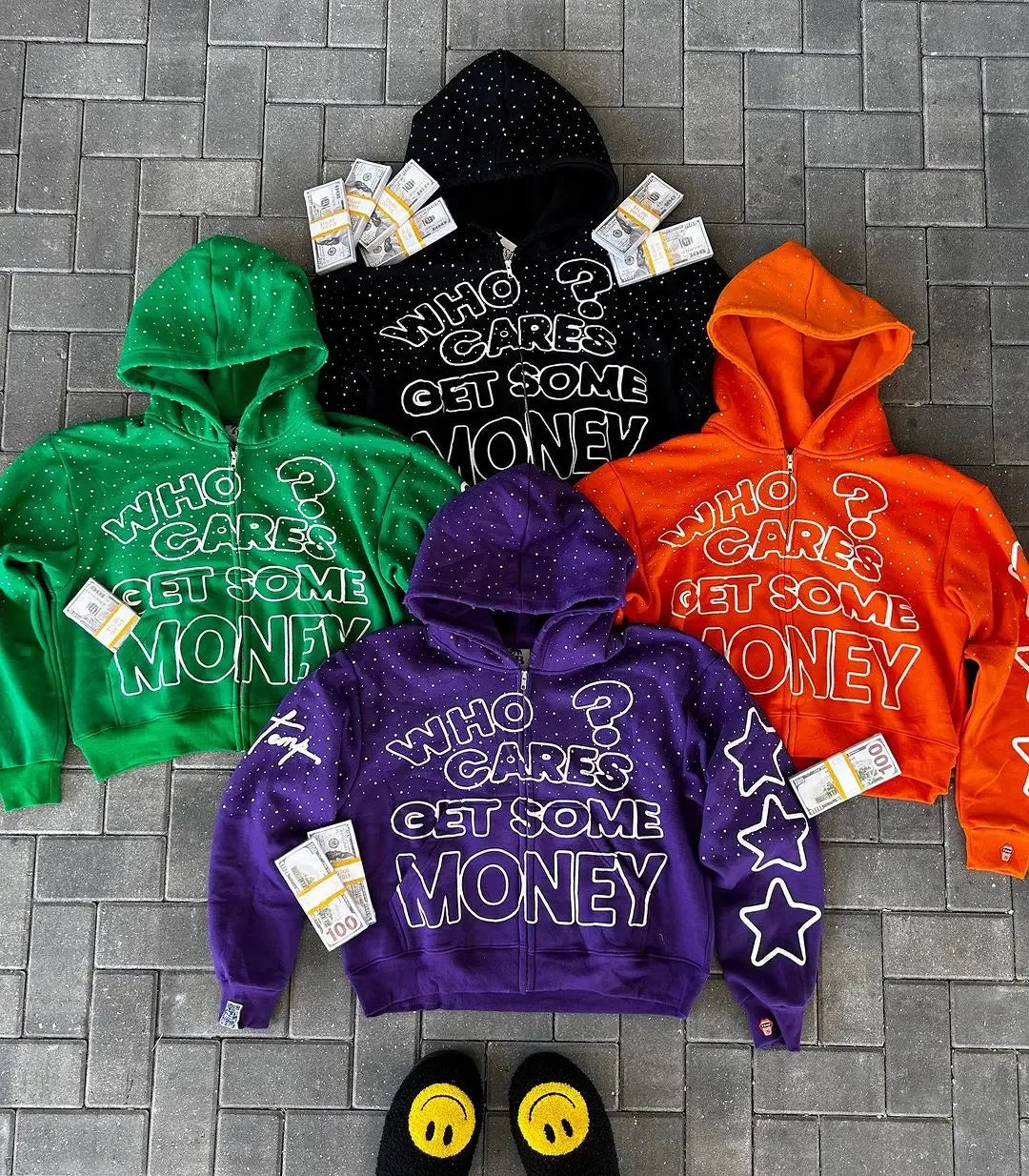 2024 American New Trend Who Cares Get Some Money Printed Zipper Sweater Men's and Women's Y2K Harajuku Hip Hop Goth Casual Coat