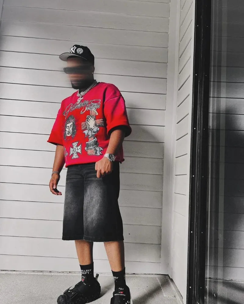 Trendy Brand Fashion Versatile Loose Half-sleeved Top Men Y2k Harajuku Hip-hop Rock Anime Cartoon Printed Short-sleeved T-shirt