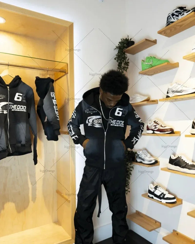 Harajuku Colorful Zipper Hoodie Punk Retro Letter Print Casual Oversized Sweatshirt Couple Hip-hop Trendy Streetwear Jacket Men