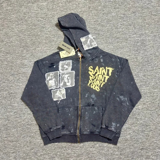 Saint Vintage Distressed Print Zip Up Hoodie Loose Fit Casual Men Sweatshirt Autumn Winter Streetwear Sportswear