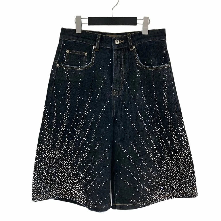American Style Starry Rhinestone Denim Shorts Y2K Clothes Mens Womens Sequin Washed Black Baggy Shorts Casual Over The Knee Pant