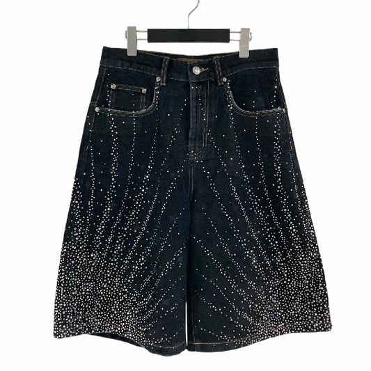 American Style Starry Rhinestone Denim Shorts Y2K Clothes Mens Womens Sequin Washed Black Baggy Shorts Casual Over The Knee Pant