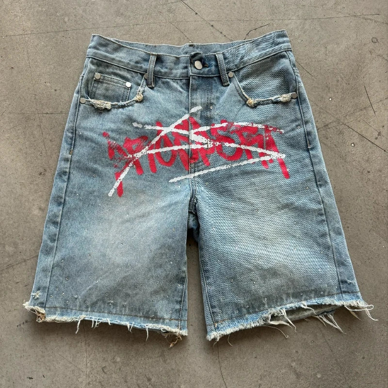 Y2K Graffiti Jorts Rhinestone Distressed Printed Denim Shorts Men Women Trend Retro Hip Hop Streetwear Unisex Baggy Short Pants