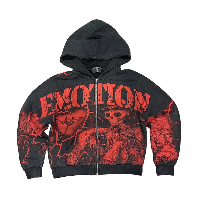 Men Women Couples MIXED EMOTION Hooded Sweatshirt Jacket Streetwear Retro Alien Graffiti Print Cardigan Zip Hoodies