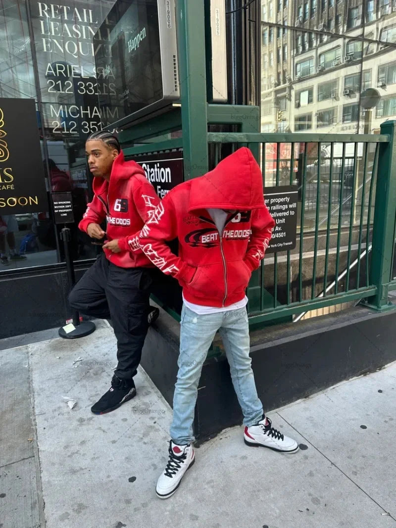 Harajuku Colorful Zipper Hoodie Punk Retro Letter Print Casual Oversized Sweatshirt Couple Hip-hop Trendy Streetwear Jacket Men