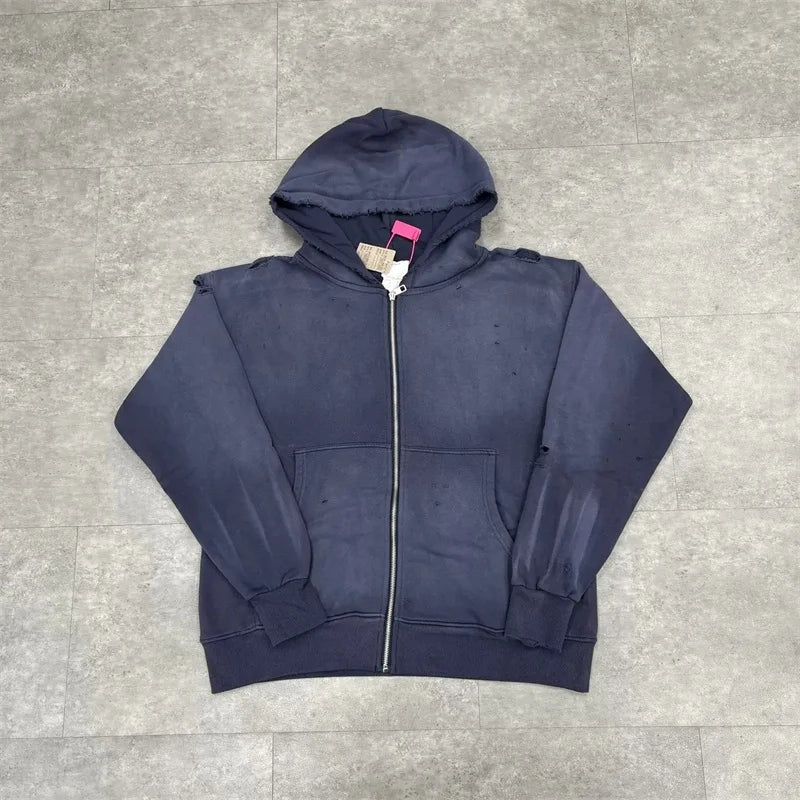 Black Washed SAINT Mxxxxxx Zipper Jackets Men Women Destroy Hole Oversized Vintage Hoodies
