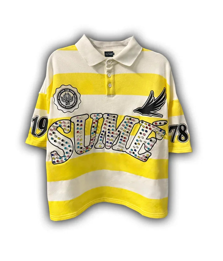 Sume Summer Women Hip Hop Klein Stone Embroidery Stripe Polo Shirt Y2k Retro Fashion Classic Lapel Neck Shirt Long Sleeved Tops