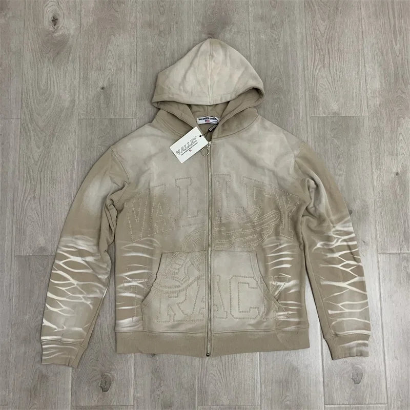 Red Washed VALLEY Oversized Hoodies Men Women American Pure Cotton Vale Embroidered Logo Zip Jackets