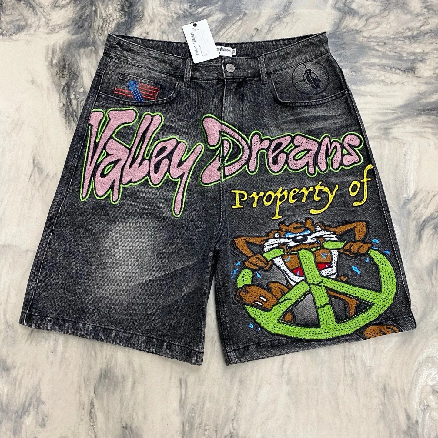 Y2k Black Denim Shorts Baggy Streetwear Embroidery Cartoon Graphics Short Jeans Men Harajuku Hip Hop Loose Fitness Casual Shorts