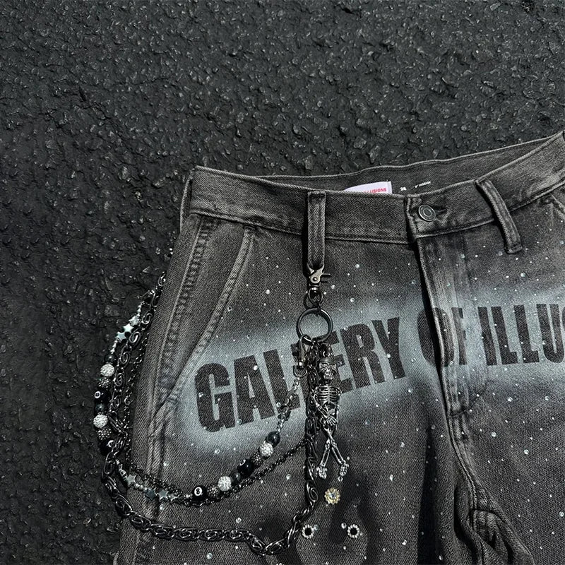 Y2K Fashion Distressed Jeans Retro Rhinestone Flame Pattern Printing Casual Washed Denim Shorts Men Women High Waist Streetwear