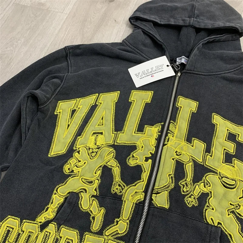 Oversized VALLEY Embroidered Logo Jackets Men Women Pure Cotton Vale Black Washed Hooded Sweatshirts