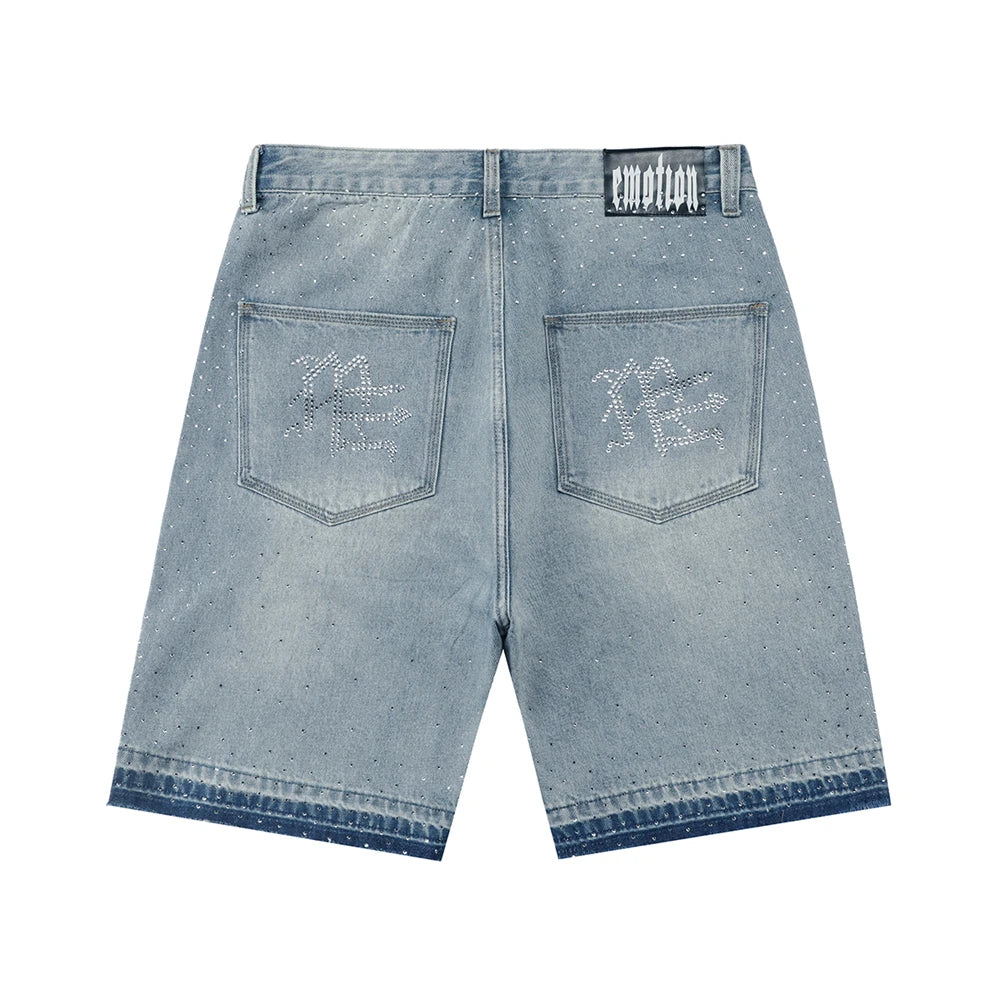 Flash Diamond Bing MIXED EMOTION Vintage Washed Denim Shorts Men Women Rhinestone Jean Breeches