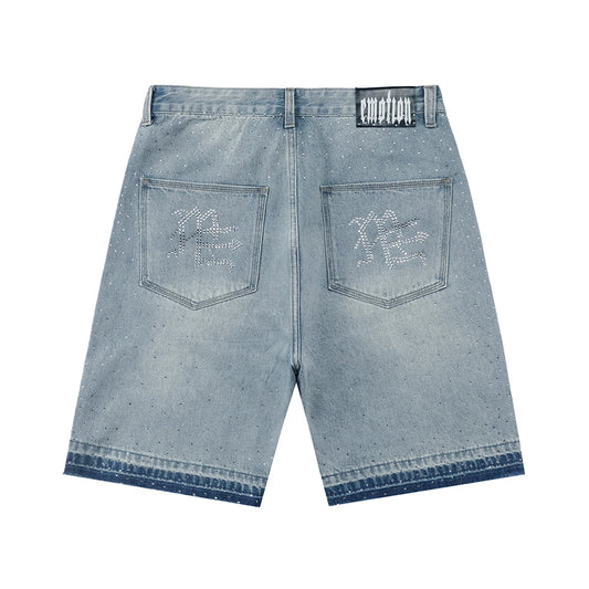 Flash Diamond Bing MIXED EMOTION Vintage Washed Denim Shorts Men Women Rhinestone Jean Breeches