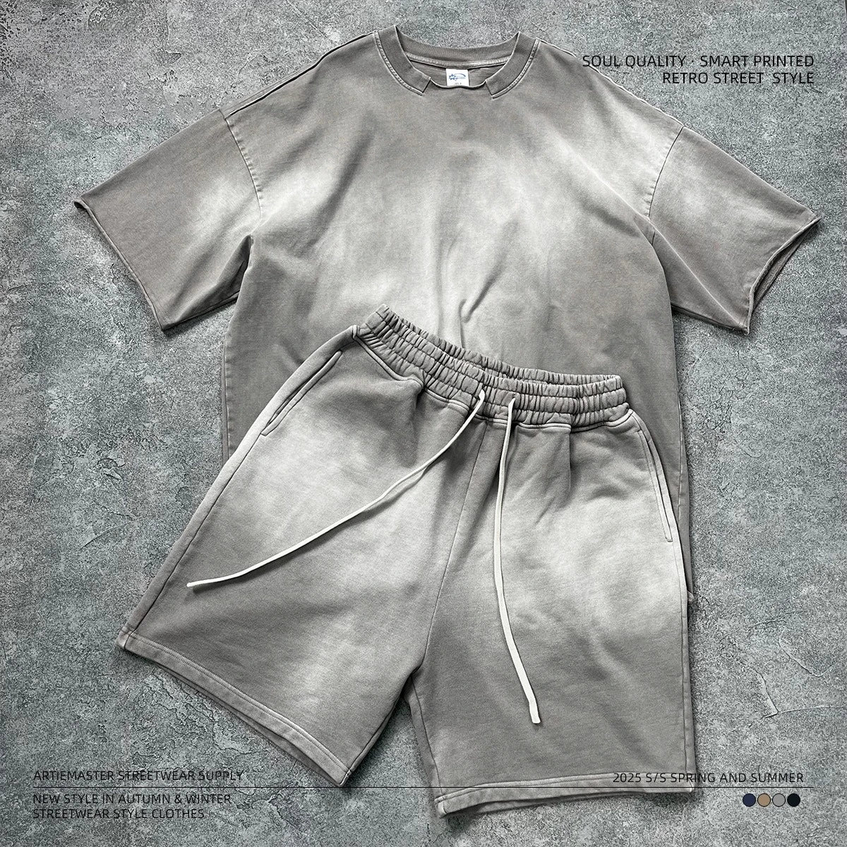 2025 Summer Washing Water To Make Old American Retro Street Trend Brand Men's Short-sleeved Shorts Set