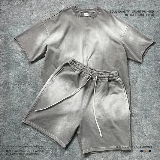 2025 Summer Washing Water To Make Old American Retro Street Trend Brand Men's Short-sleeved Shorts Set