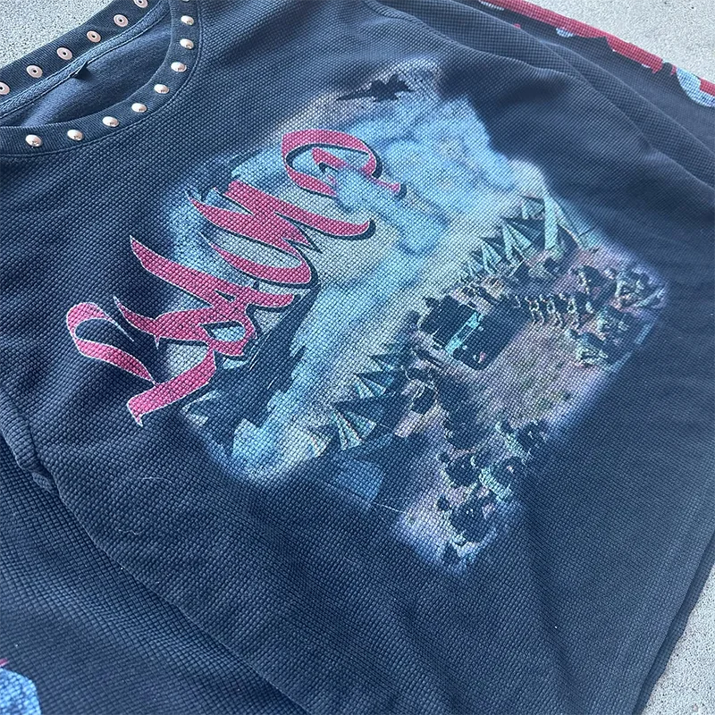 New Fashion Trend Oversized Camper Graphic Printed Rhinestone Sleeve Button T-shirt Y2k Gothic Men Women Hip Hop Streetwear Tops