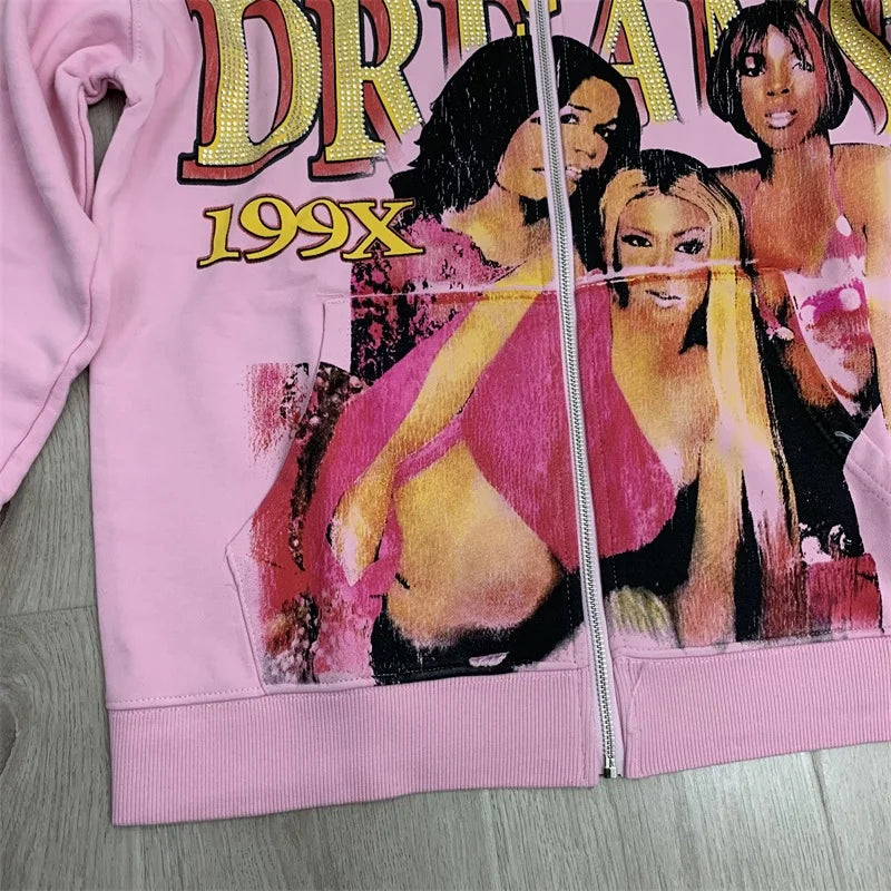 VALLEY Mens Hooded Sweatshirts Hot Diamond Logo Pure Cotton Pink Vale Lady Portrait Print  Zip Jackets