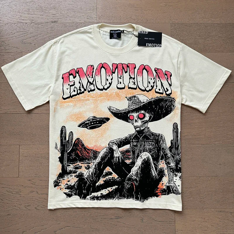 Alien Print MIXED EMOTION White Pure Cotton Tshirts Men Women American High Street Oversized T Shirt