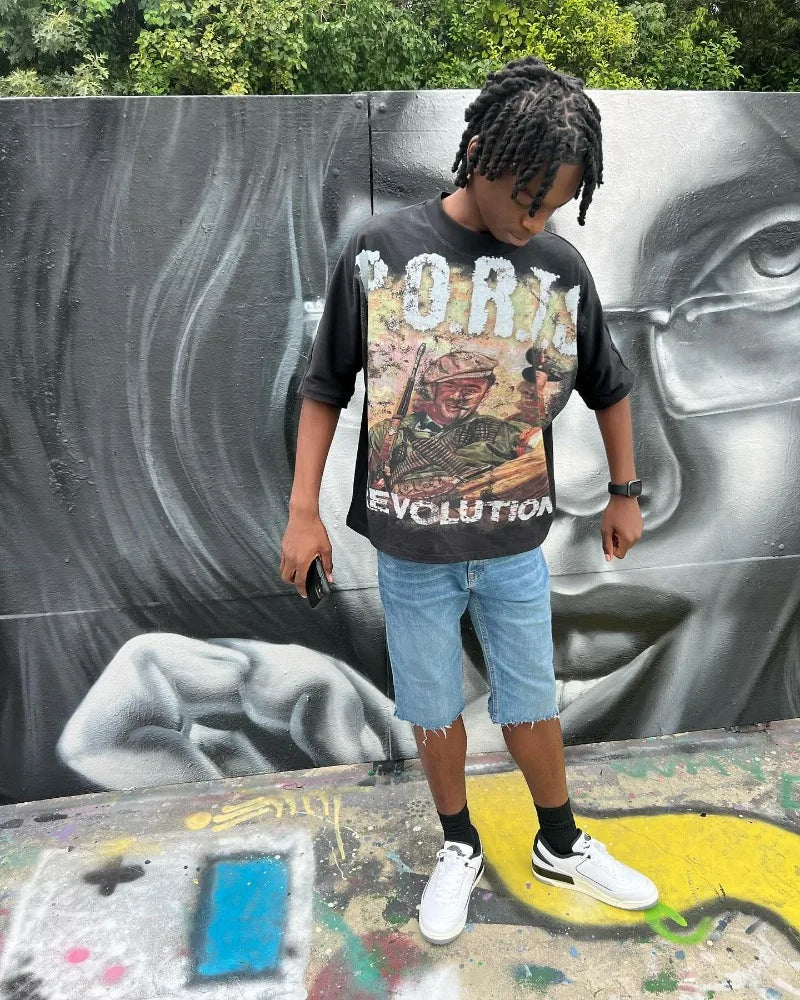 Y2k streetwear Gothic letter solid color pattern oversized T-shirt women's retro loose and versatile short sleeved shirt