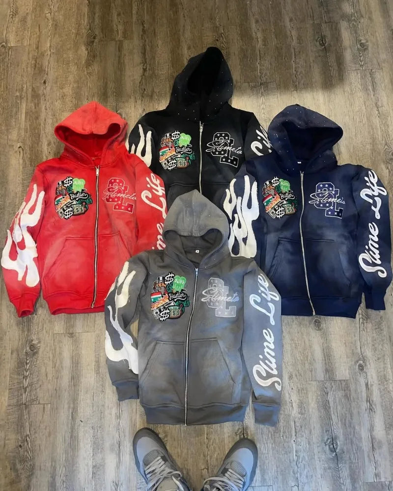 Harajuku Trend Brand Casual Loose Oversized Zipper Hoodie Men Y2k Gothic Retro Letter Flame Embroidered Sweatshirt Jacket Women