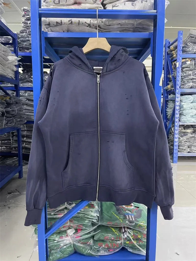 Black Washed SAINT Mxxxxxx Zipper Jackets Men Women Destroy Hole Oversized Vintage Hoodies