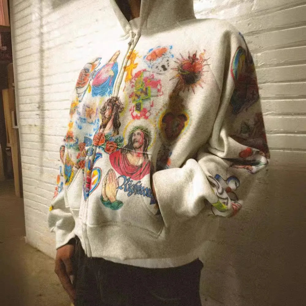 2025 Street Casual Clothing Retro Pattern Printed Hoodie Loose Temperament Men's Hoodie Gothic Rock Fashion Sports Hoodie