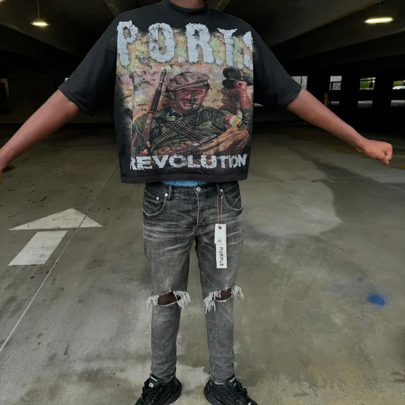 Y2k streetwear Gothic letter solid color pattern oversized T-shirt women's retro loose and versatile short sleeved shirt