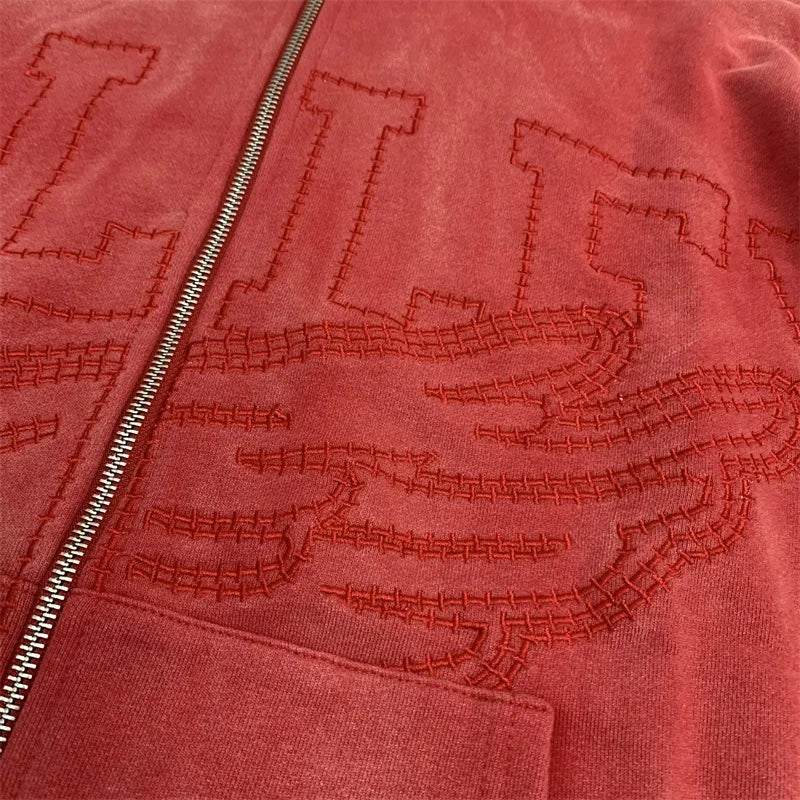 Red Washed VALLEY Oversized Hoodies Men Women American Pure Cotton Vale Embroidered Logo Zip Jackets