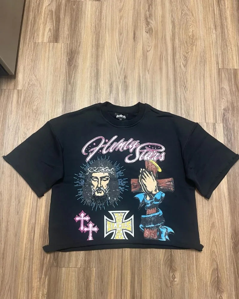 Trendy Brand Fashion Versatile Loose Half-sleeved Top Men Y2k Harajuku Hip-hop Rock Anime Cartoon Printed Short-sleeved T-shirt