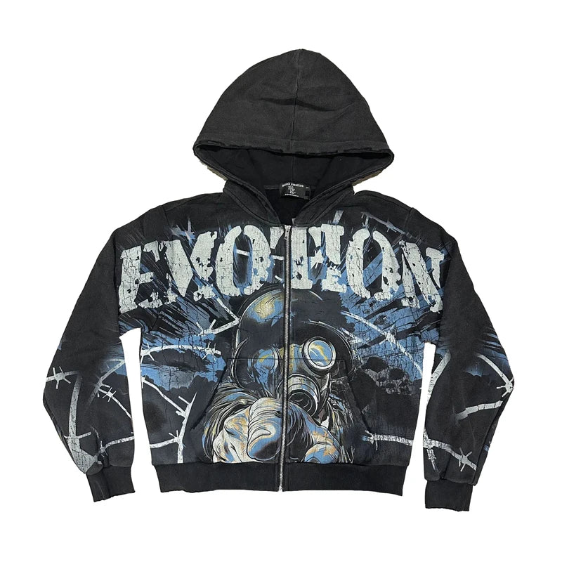 Men Women Couples MIXED EMOTION Hooded Sweatshirt Jacket Streetwear Retro Alien Graffiti Print Cardigan Zip Hoodies