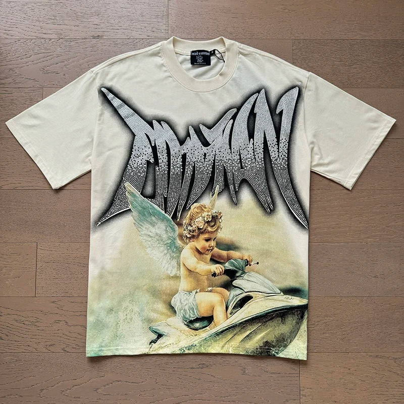 Alien Print MIXED EMOTION White Pure Cotton Tshirts Men Women American High Street Oversized T Shirt