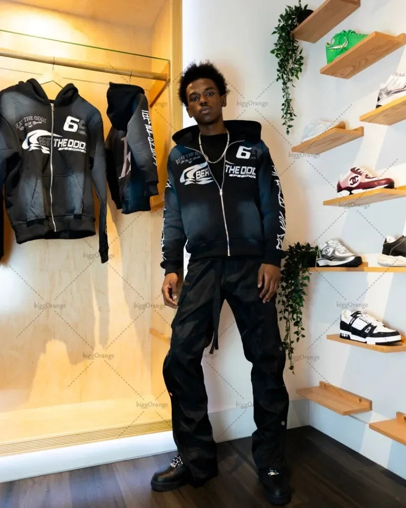 Harajuku Colorful Zipper Hoodie Punk Retro Letter Print Casual Oversized Sweatshirt Couple Hip-hop Trendy Streetwear Jacket Men