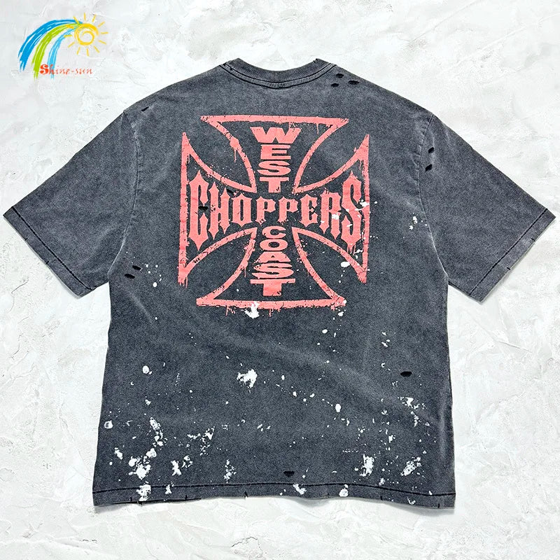 Classic Orange Cross Logo Print West Coast Choppers T Shirt Men Women Vintage Washed Black Splashed Ink T-Shirt Damaged Hole Tee