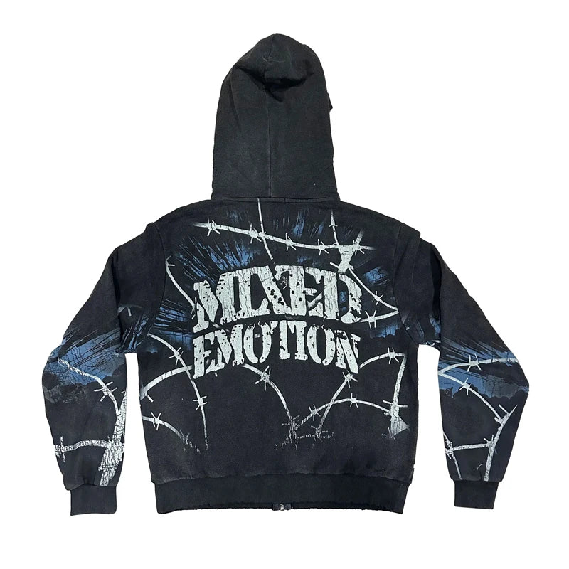 Men Women Couples MIXED EMOTION Hooded Sweatshirt Jacket Streetwear Retro Alien Graffiti Print Cardigan Zip Hoodies