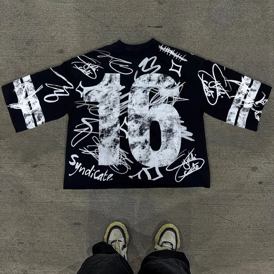 Graffiti No.16 Printed Three-quarter Sleeve Cotton T-Shirt Men Y2K Short Sleeves Vintage Oversize Tshirt Streetwear Women Tops