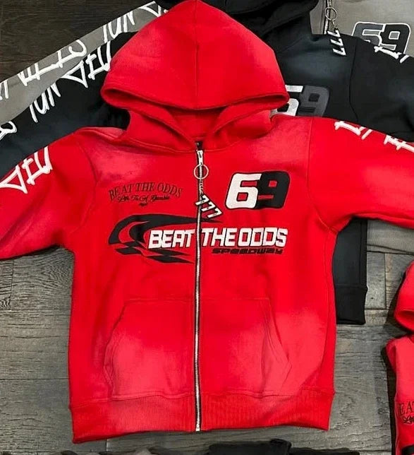 Harajuku Colorful Zipper Hoodie Punk Retro Letter Print Casual Oversized Sweatshirt Couple Hip-hop Trendy Streetwear Jacket Men