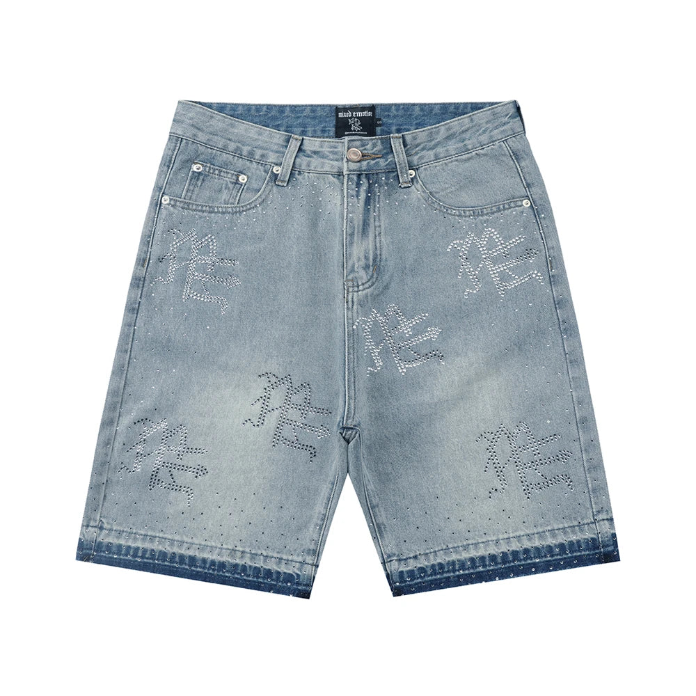 Flash Diamond Bing MIXED EMOTION Vintage Washed Denim Shorts Men Women Rhinestone Jean Breeches