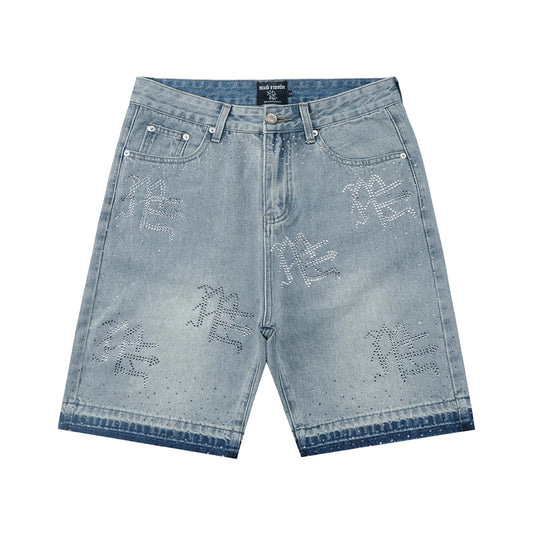 Flash Diamond Bing MIXED EMOTION Vintage Washed Denim Shorts Men Women Rhinestone Jean Breeches