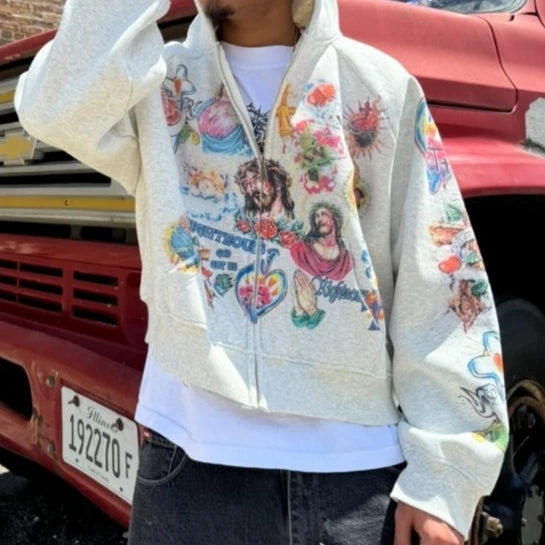 2025 Street Casual Clothing Retro Pattern Printed Hoodie Loose Temperament Men's Hoodie Gothic Rock Fashion Sports Hoodie