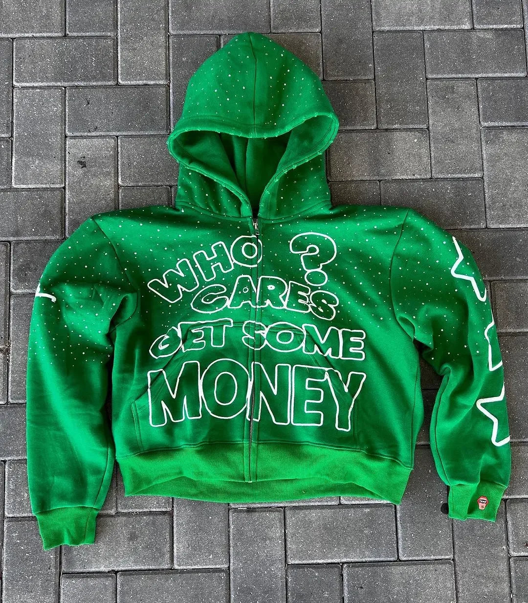 2024 American New Trend Who Cares Get Some Money Printed Zipper Sweater Men's and Women's Y2K Harajuku Hip Hop Goth Casual Coat