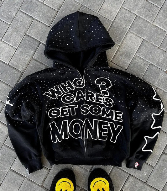 2024 American New Trend Who Cares Get Some Money Printed Zipper Sweater Men's and Women's Y2K Harajuku Hip Hop Goth Casual Coat