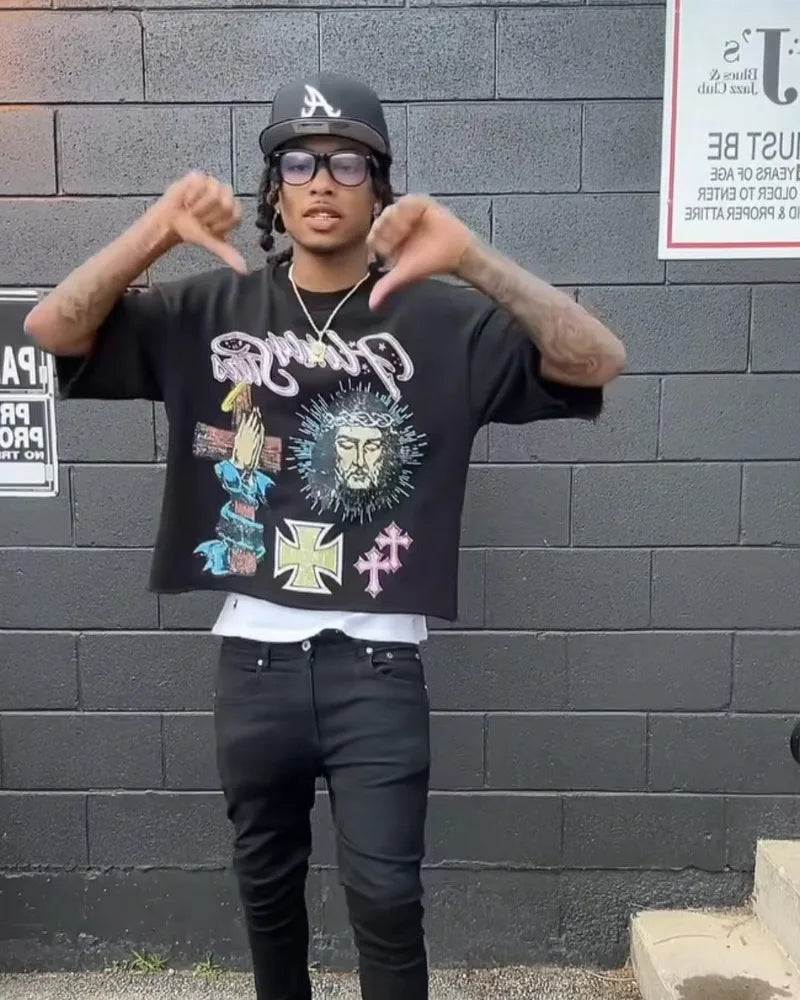 Trendy Brand Fashion Versatile Loose Half-sleeved Top Men Y2k Harajuku Hip-hop Rock Anime Cartoon Printed Short-sleeved T-shirt