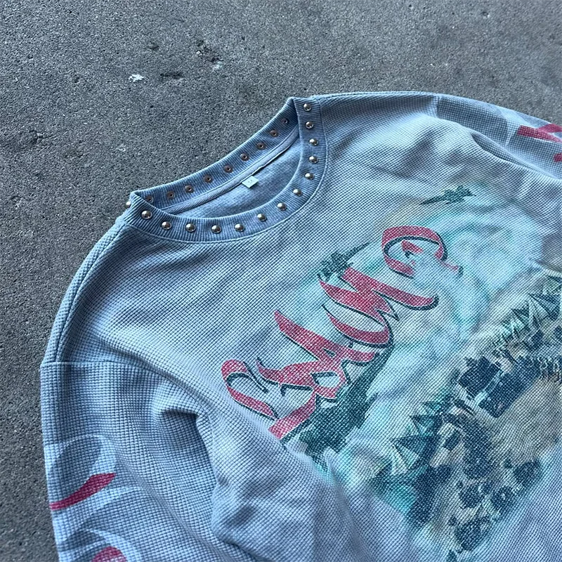 New Fashion Trend Oversized Camper Graphic Printed Rhinestone Sleeve Button T-shirt Y2k Gothic Men Women Hip Hop Streetwear Tops