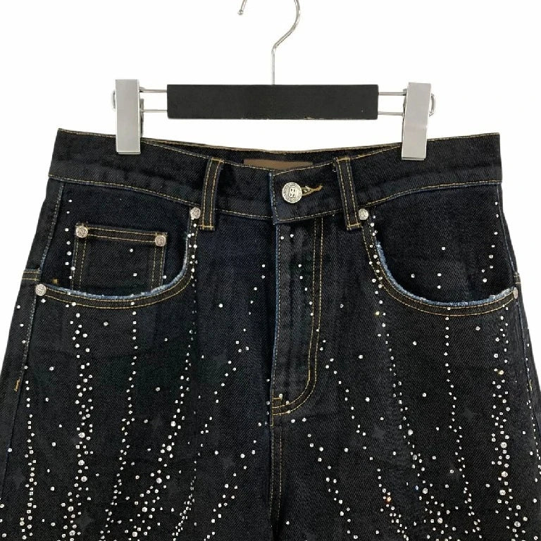 American Style Starry Rhinestone Denim Shorts Y2K Clothes Mens Womens Sequin Washed Black Baggy Shorts Casual Over The Knee Pant